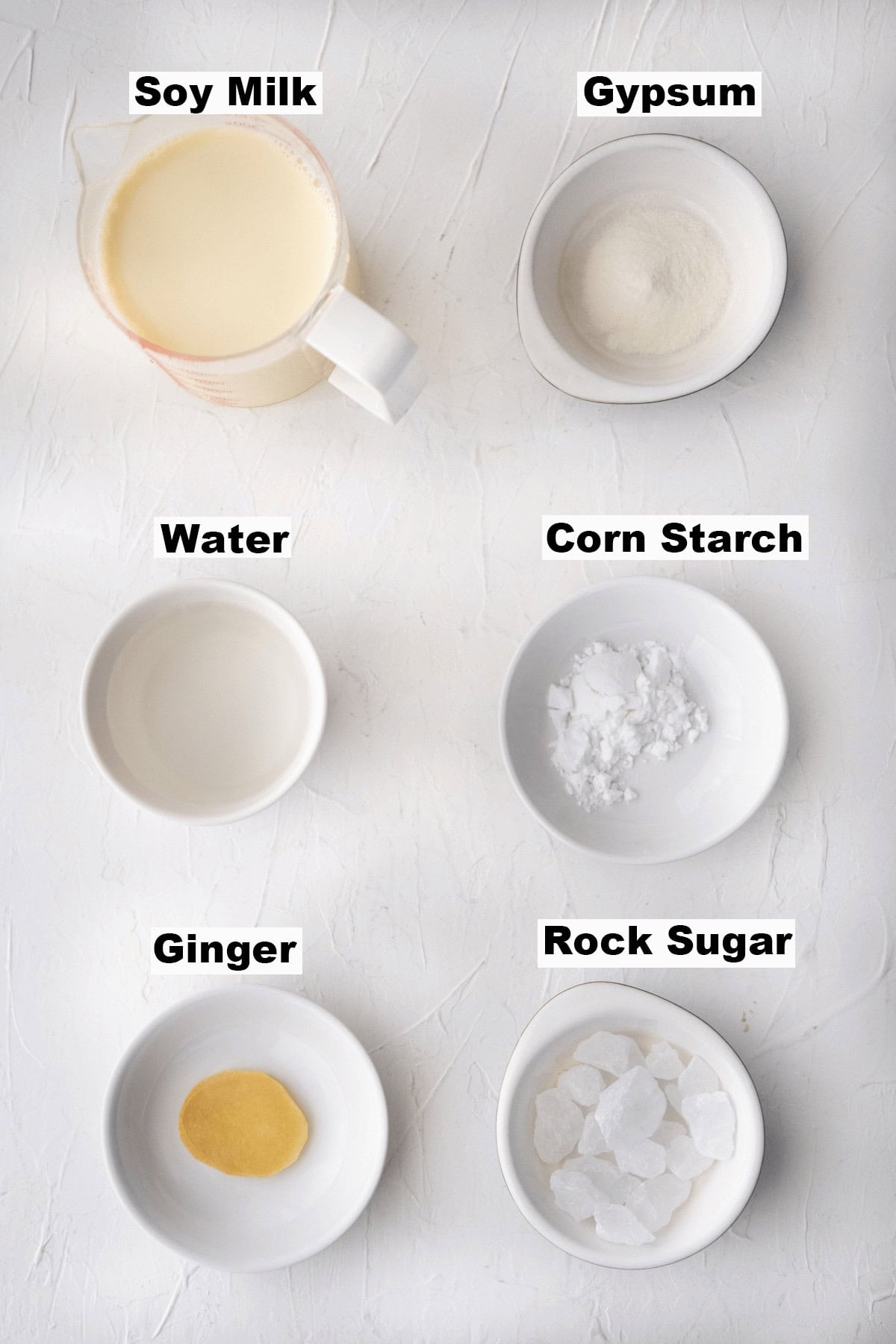 Recipe ingredients for Chinese sweet tofu pudding. 