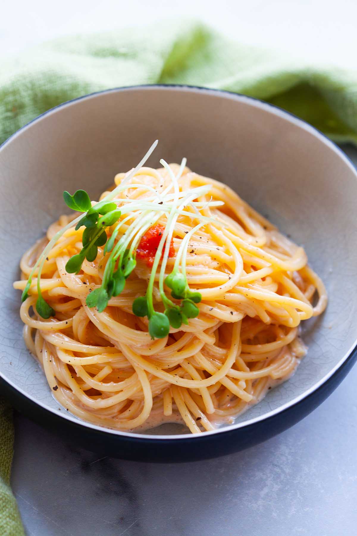 Mentaiko pasta recipe with spaghetti and mentaiko sauce.
