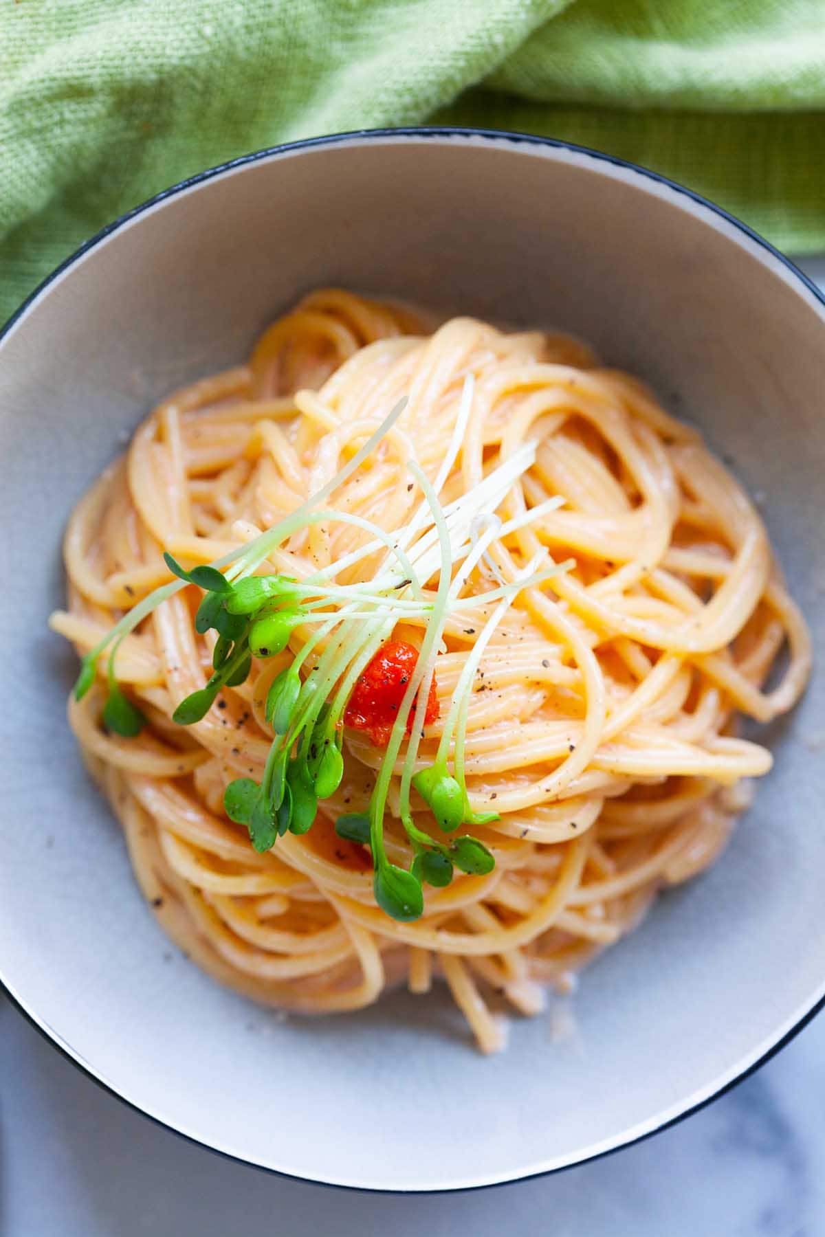 Mentaiko pasta in a bowl.