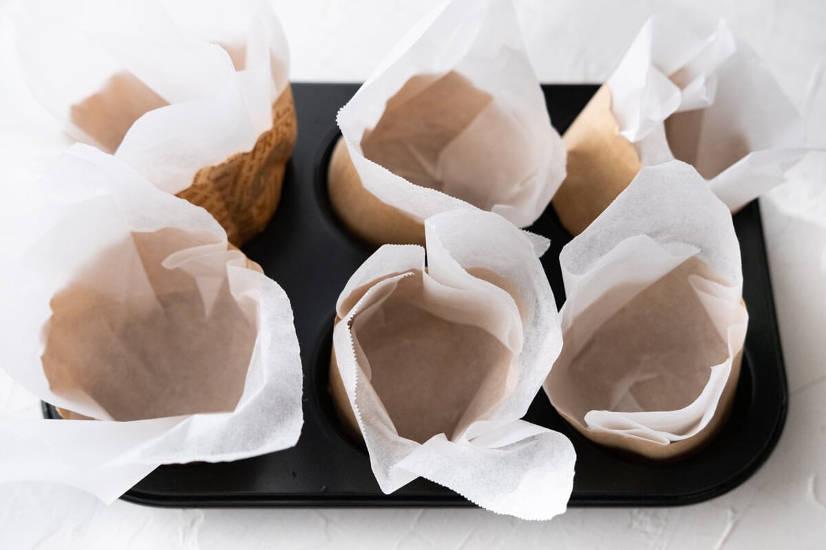 Line the paper muffin cups with parchment paper and place them in a muffin baking pan. 