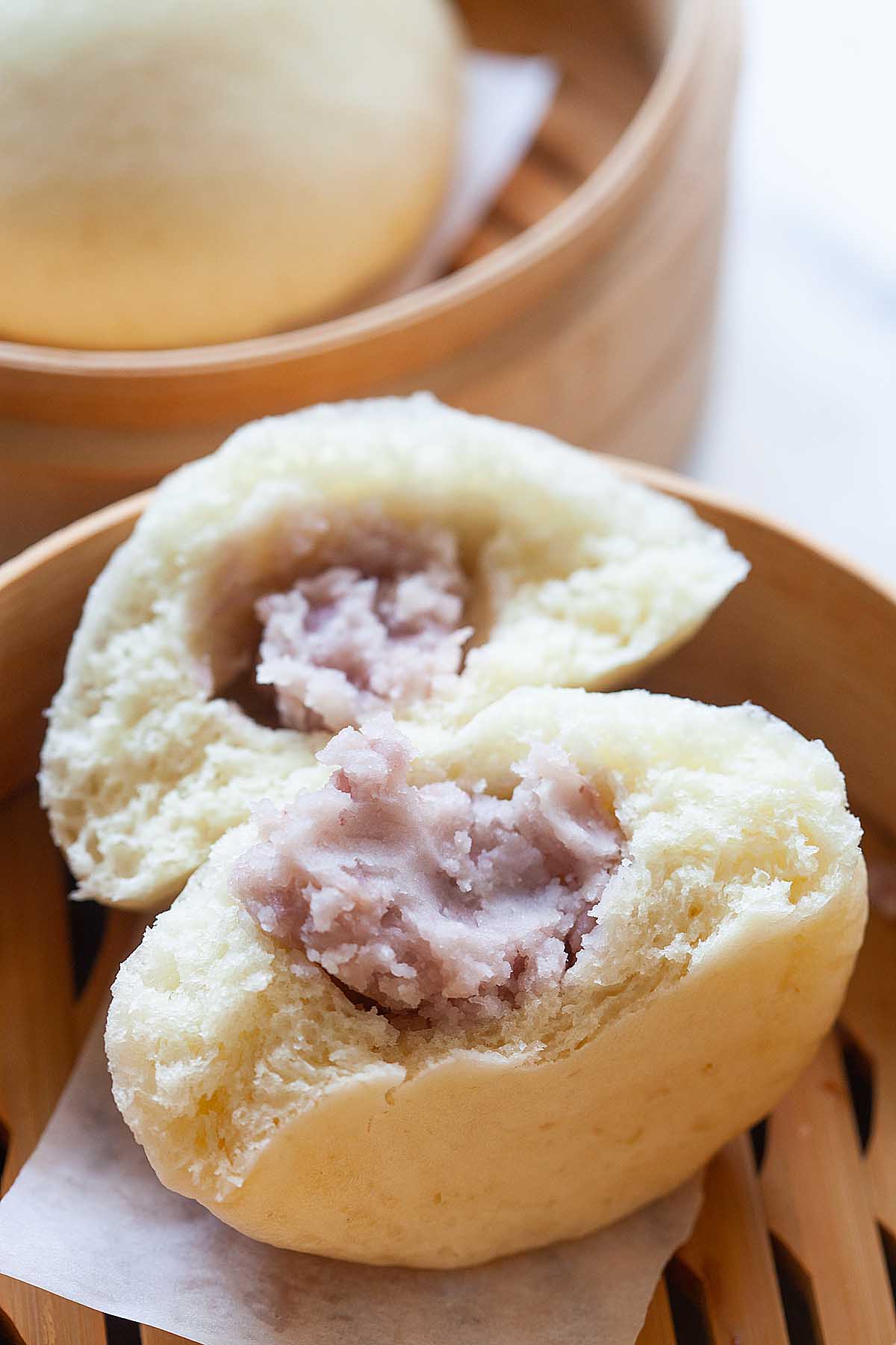 Taro bun recipe with sweet taro filling.