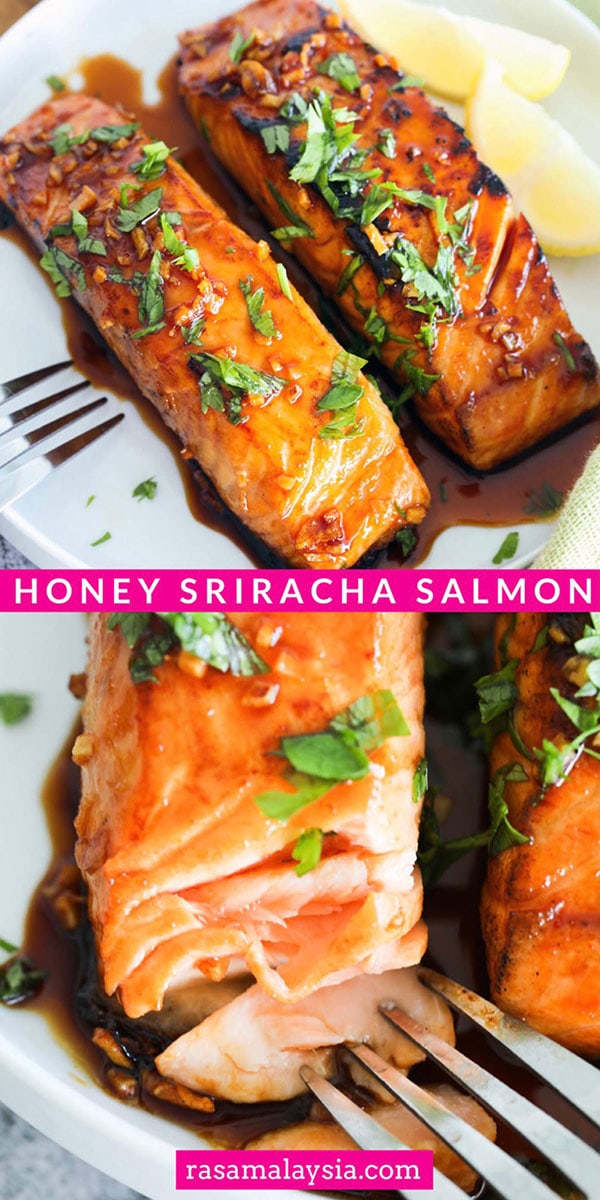Honey Sriracha Salmon - easy, spicy, sweet, and savory, this glazed salmon recipe is awesome, from the SkinnyTaste cookbook.