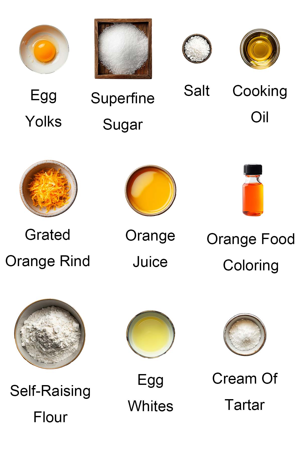 Ingredients for orange chiffon cake.