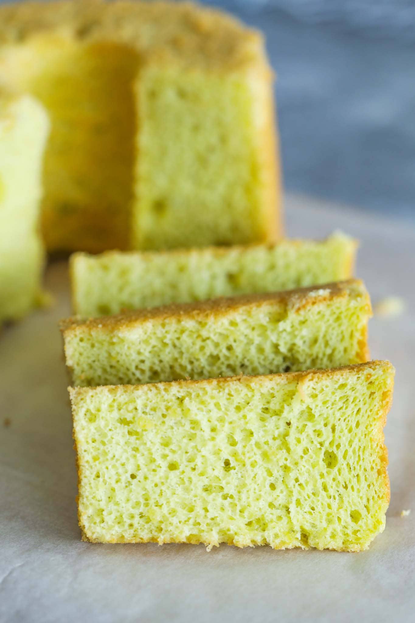 Slices of fluffy homemade pandan chiffon cake.