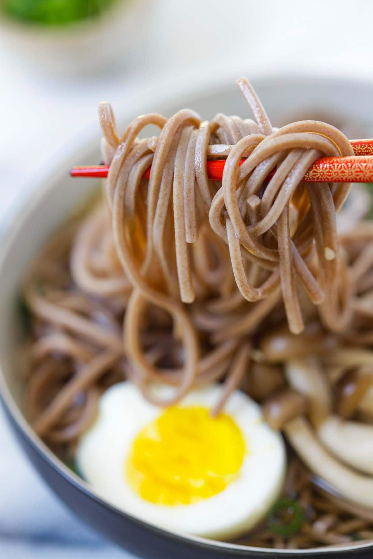 Japanese soba noodle soup ready to serve.