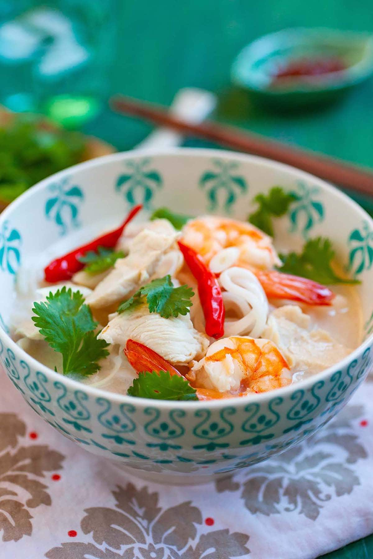 Easy homemade tom kha gai soup noodles with shrimp.