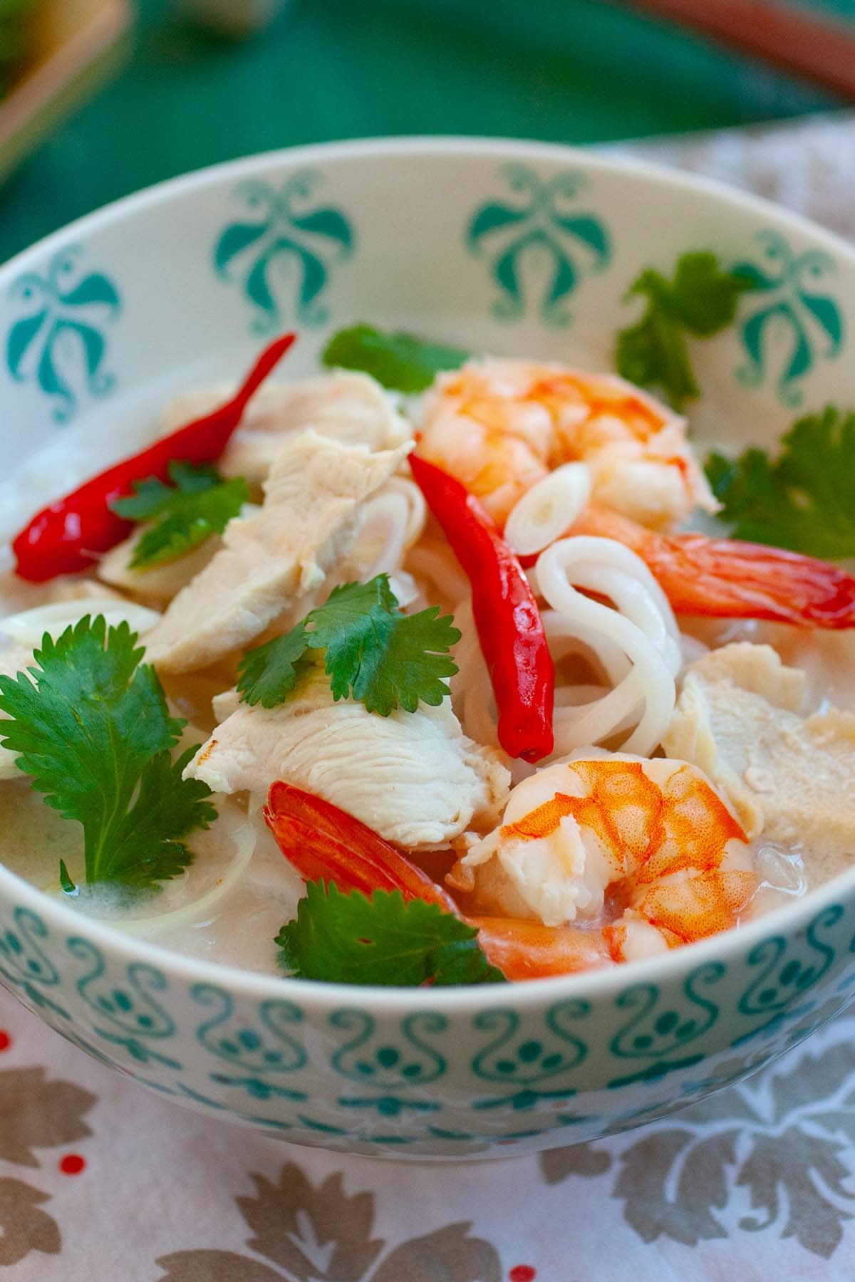 Coconut and lime noodle soup. This Thai-inspired noodle dish is infused with coconut, lime, and lemongrass. A hearty and tasty noodle dish.