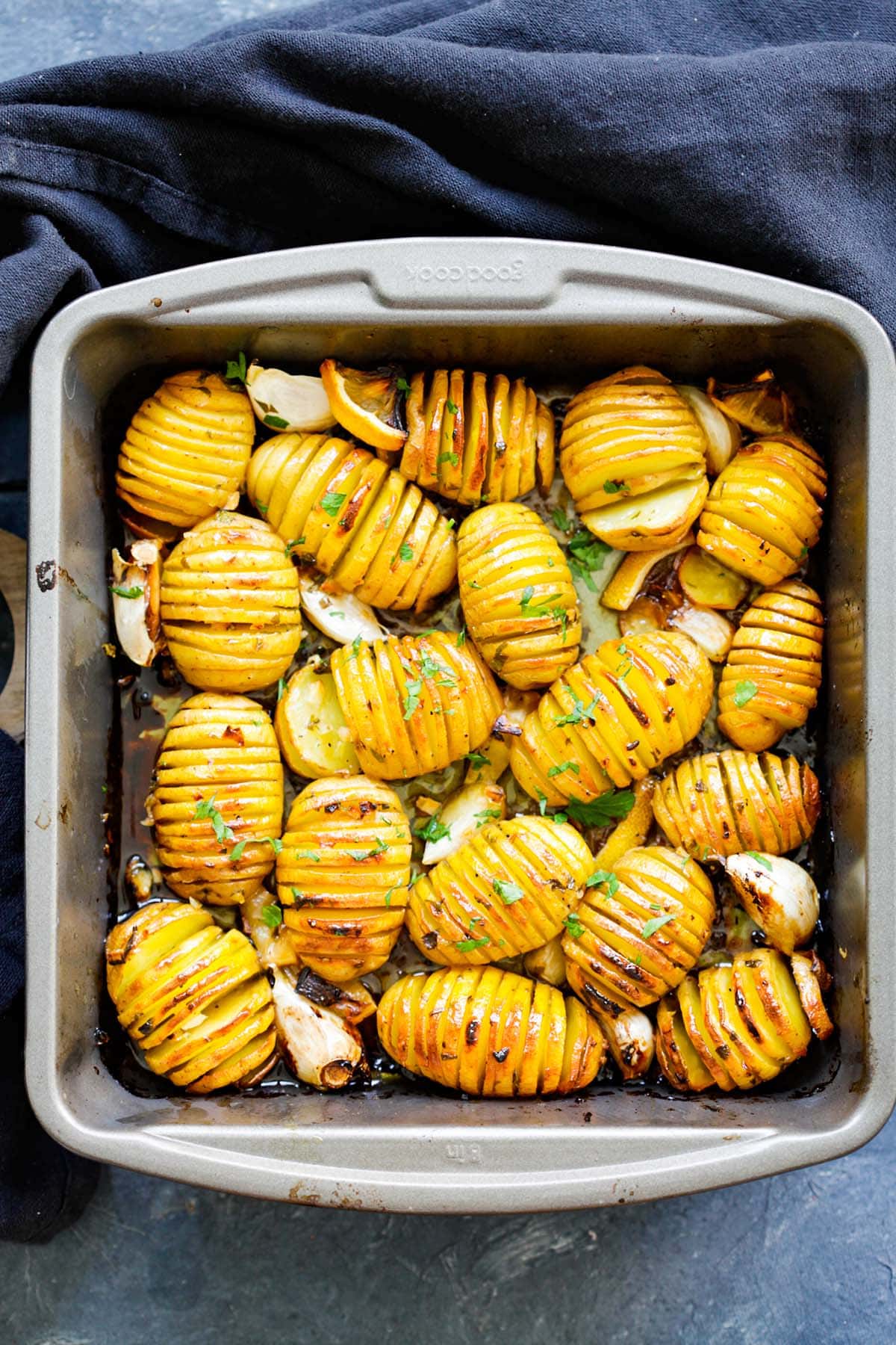 Lemon Herb Roasted Potatoes in a baking ware.