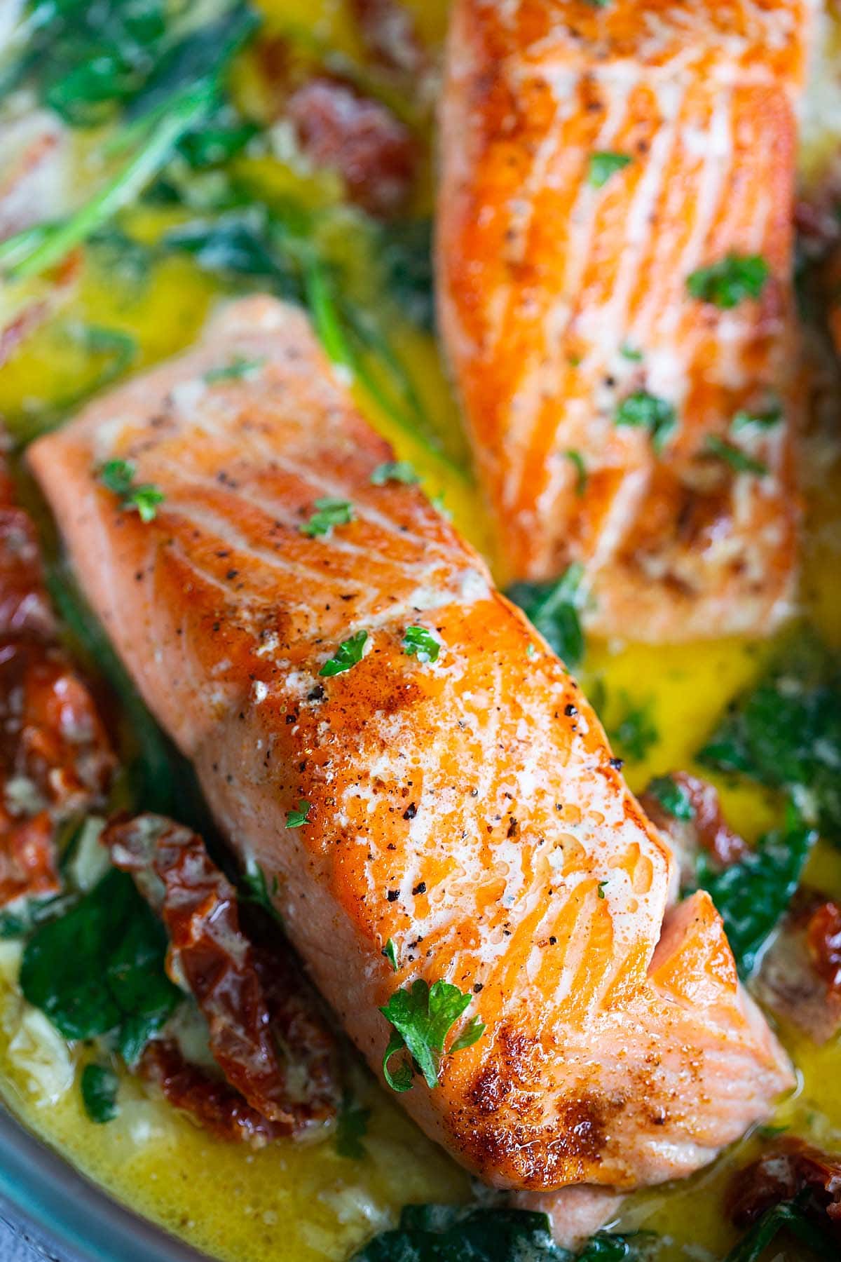 Grilled salmon in creamy sauce, ready to serve.