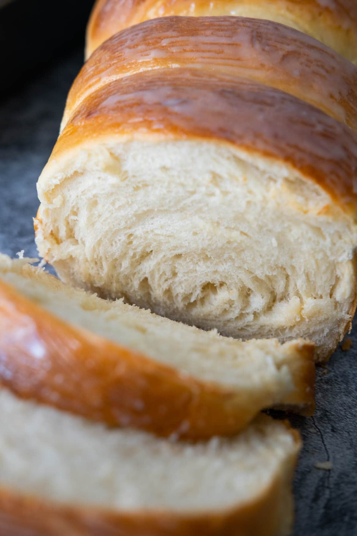 Milky bread with white soft fluffy inside.  
