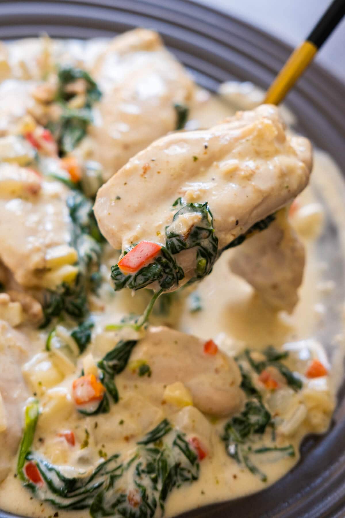 Garlic butter chicken thighs in creamy Parmesan sauce.