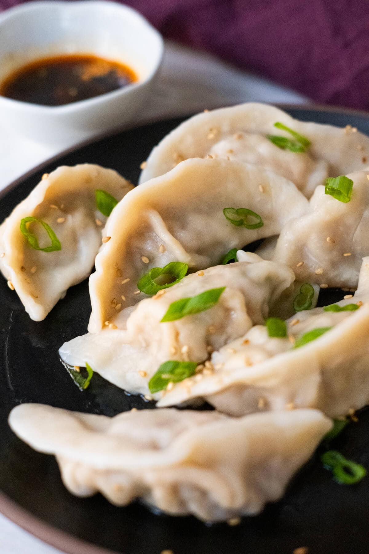 A close up shot of dumplings with scallion and white sesame sprinkled over it. 