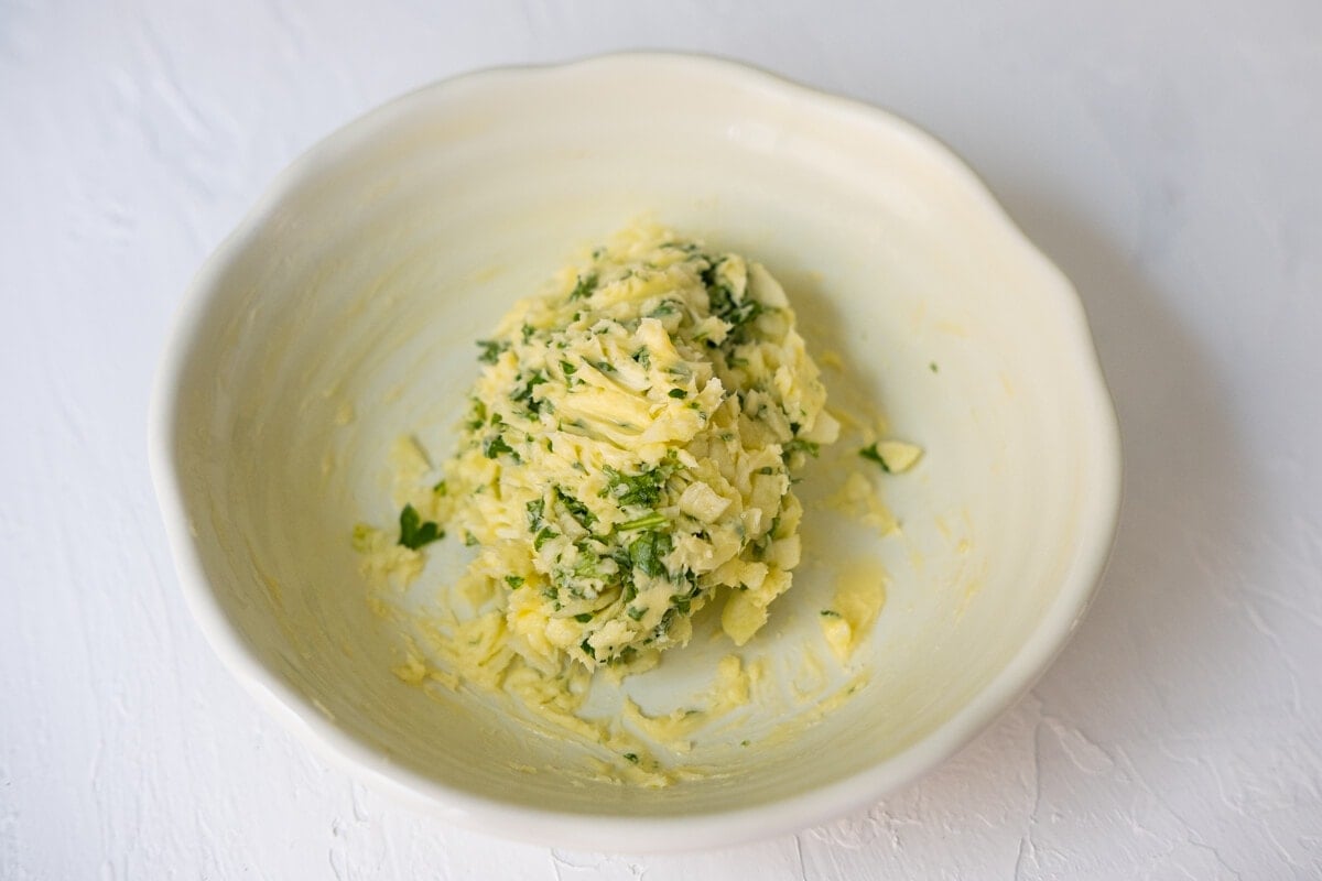Garlic butter mixed in a small bowl. 