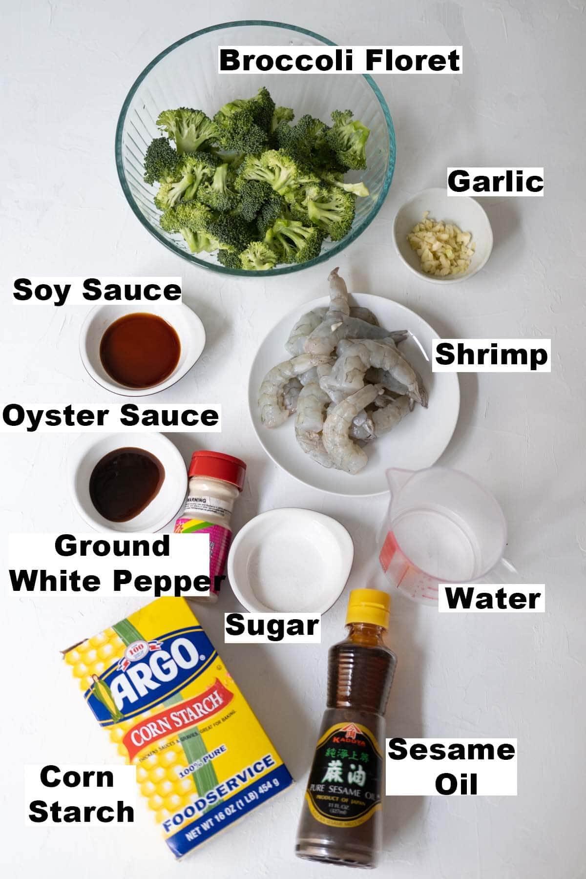 Eleven shrimp and broccoli ingredients: broccoli, shrimp, garlic, soy sauce, oyster sauce, ground white pepper, sugar, water, corn starch, sesame oil. 