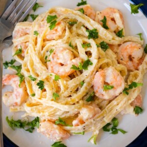 Shrimp Fettuccine Alfredo served with freshly chopped parsley on top.