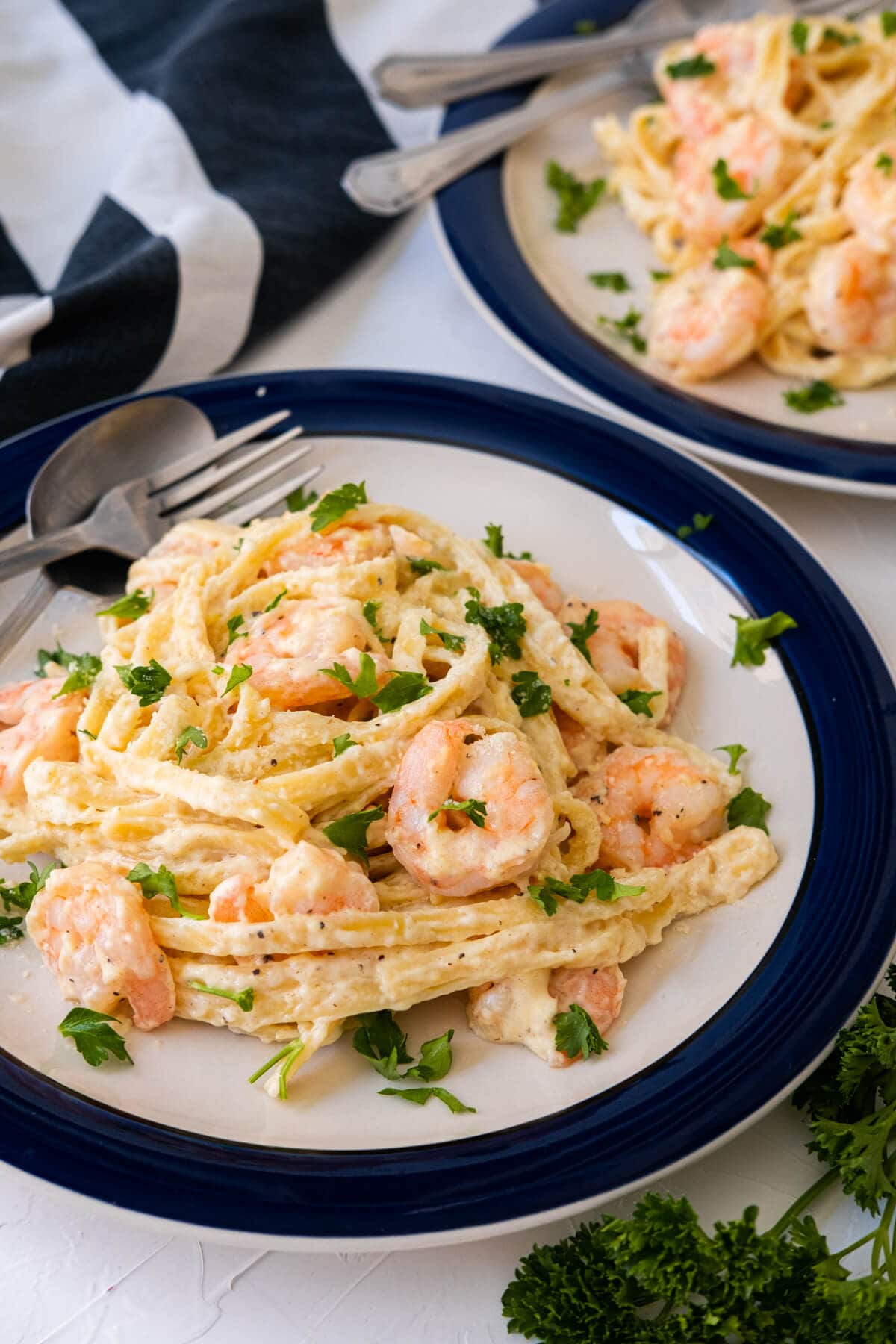 Rich, creamy shrimp fettuccine alfredo on the plate with a white and navy color kitchen towel placed aside.
