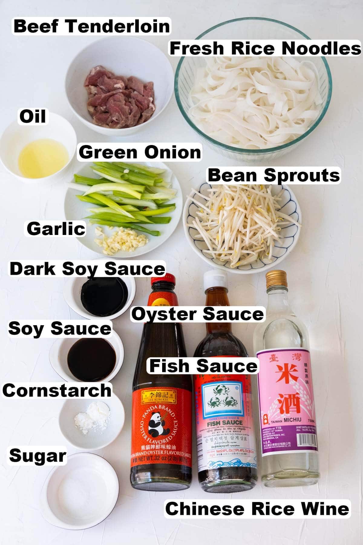 Ingredients for beef chow fun noodles recipe.