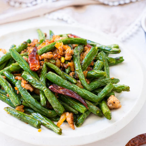 Stir-fried Sichuan green beans with dried chilies, ground pork and dried shrimp.
