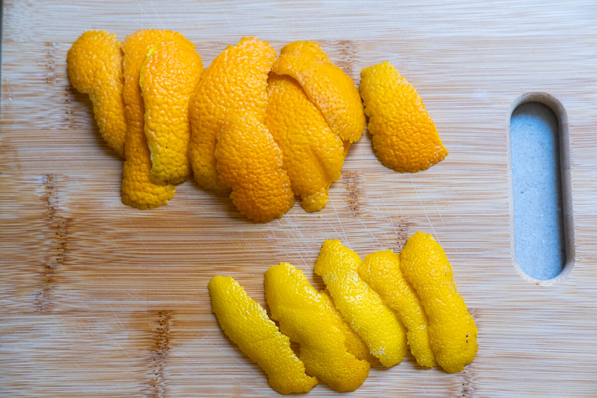 Thick slices of orange and lemon rind.