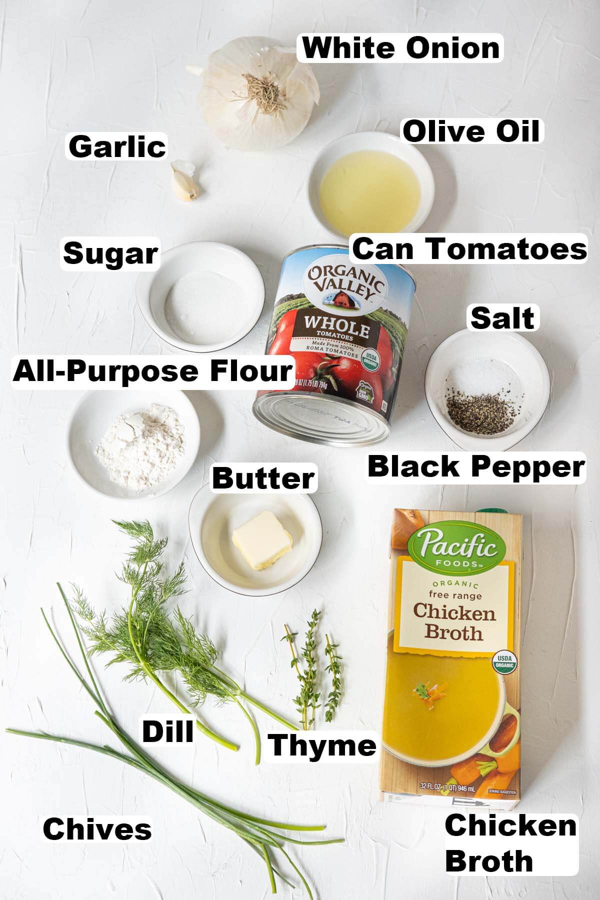 Classic tomato soup ingredients.