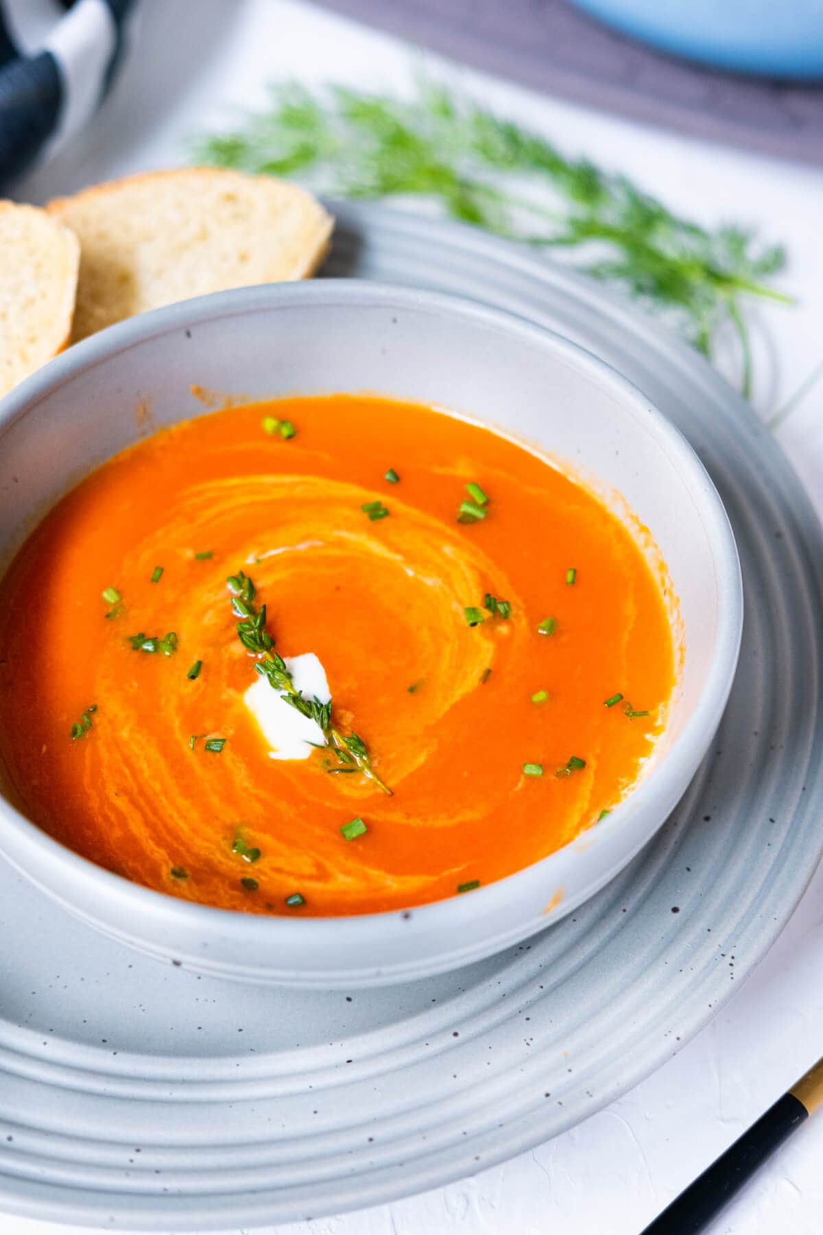Red tomato soup served in a grey bowl on top of a plate with French bread on the side.