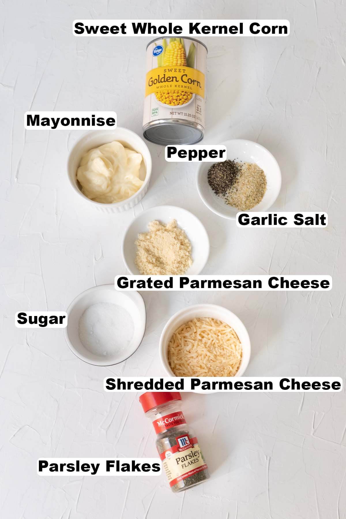 Baked parmesan cheese corn ingredients. 