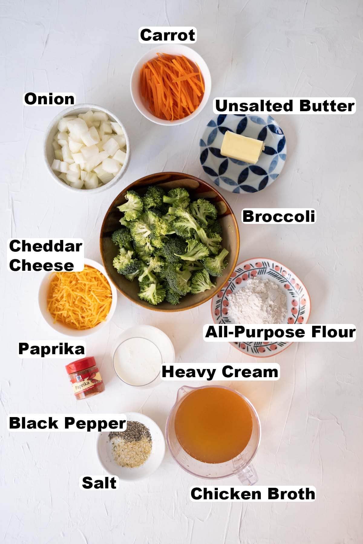 Ingredients of broccoli cheddar soup recipe. 