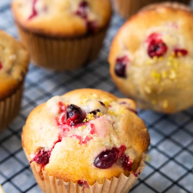 Cranberry lemon muffins filled with juicy cranberries and topped with lemon zest.