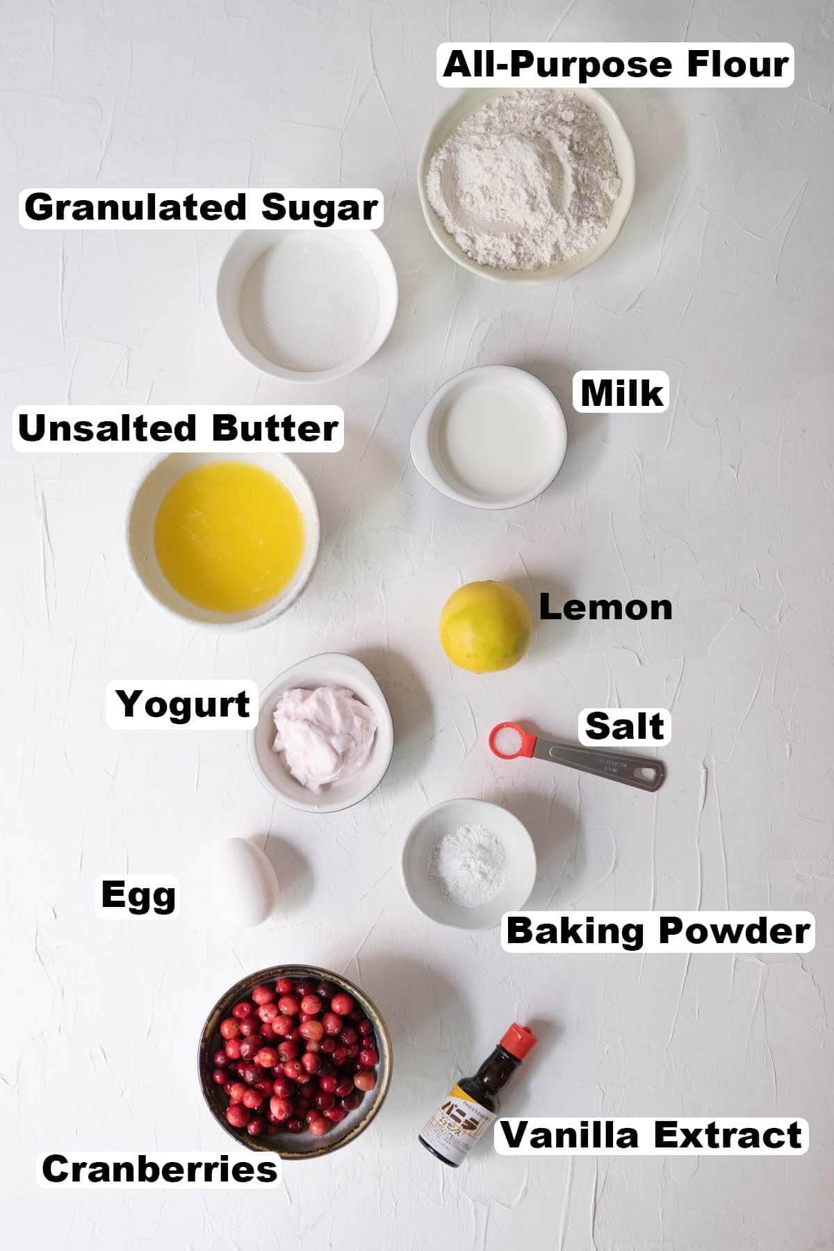 Ingredients for cranberry lemon muffins recipe. 