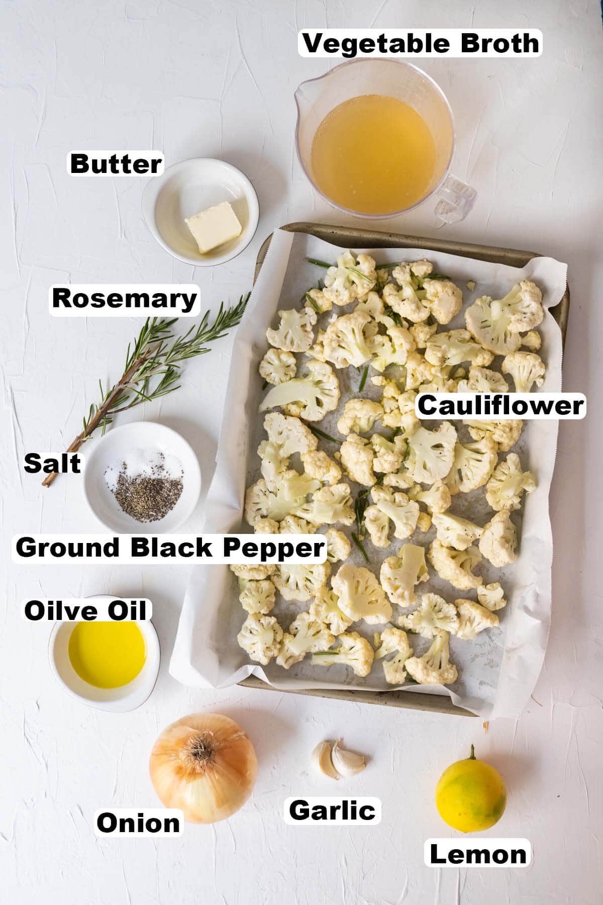 Ingredients for creamy cauliflower soup recipe. 