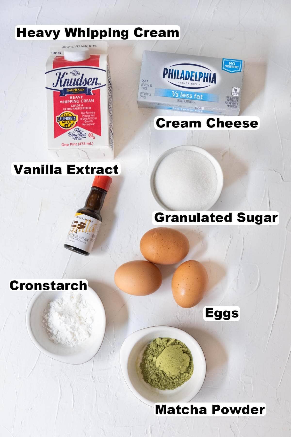 Ingredients for matcha Basque cheesecake recipe. 