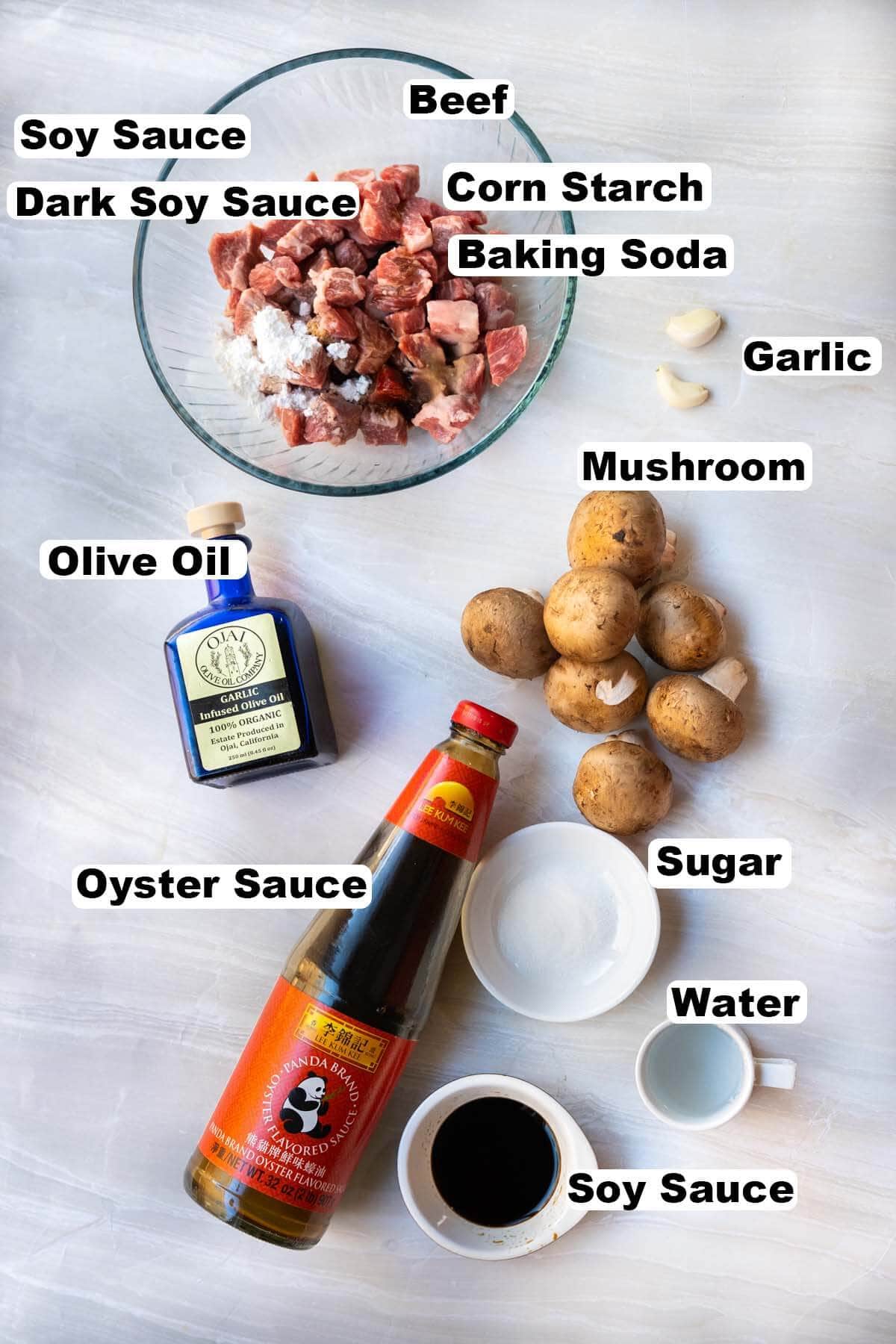 Ingredients for beef and mushroom stir-fry recipe. 