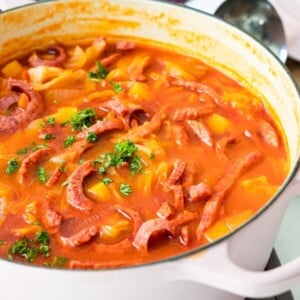 Shanghai-style borscht soup in a heavy-bottom soup pot.