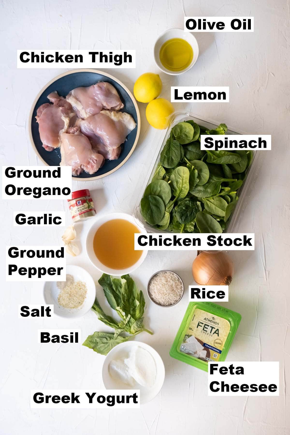 Ingredients for one-pan greek chicken and rice recipe.