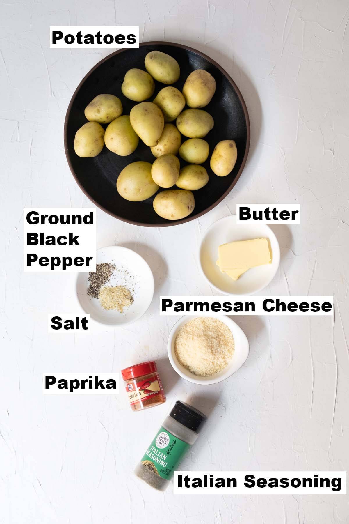 Ingredients for parmesan crusted potatoes recipe. 