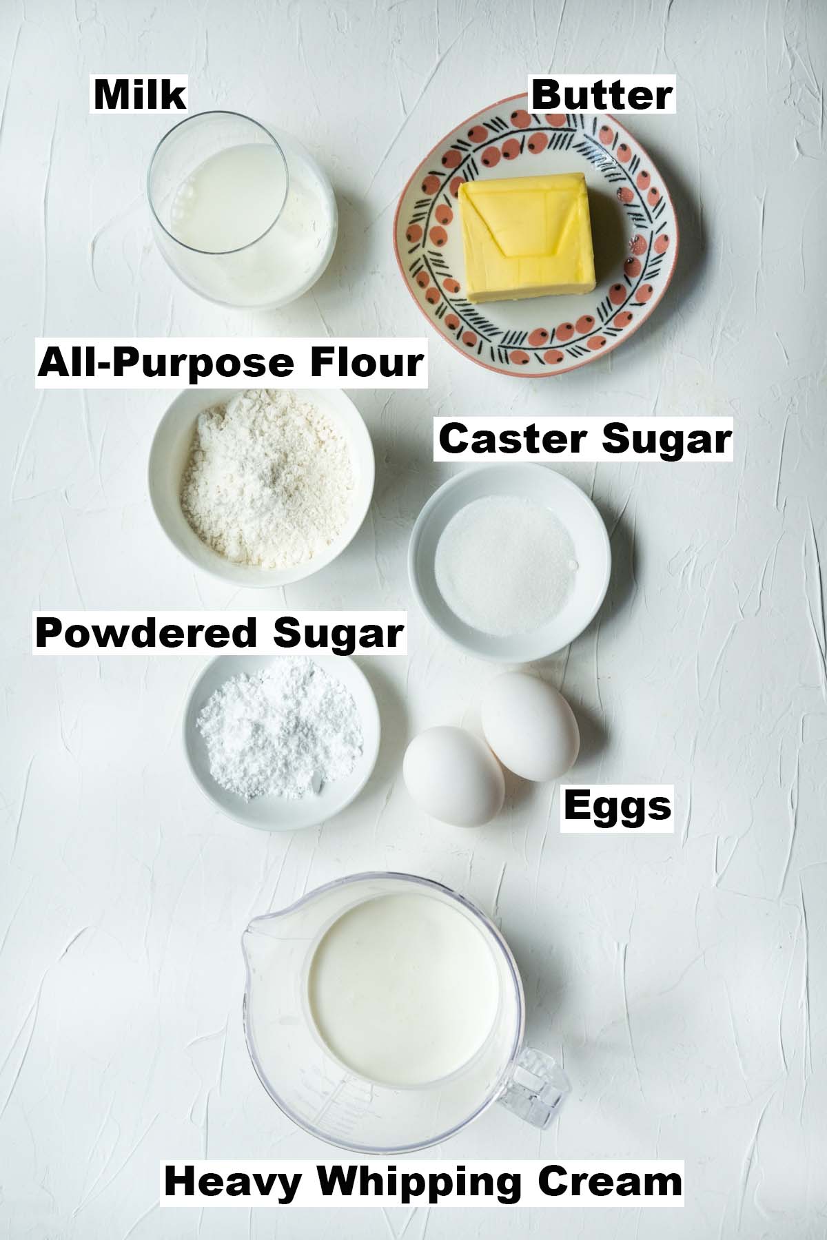 Ingredients for cream filled choux pastry recipe. 