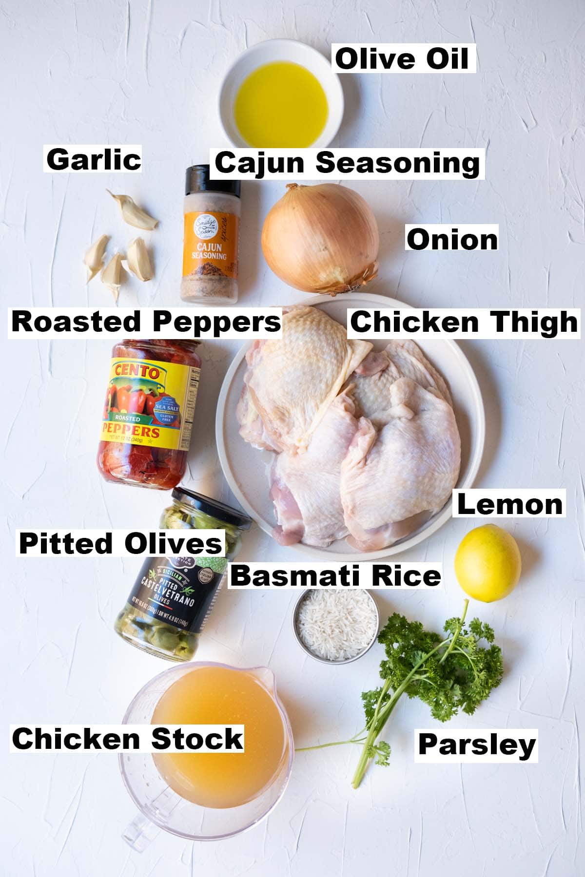 Ingredients for one-pot cajun chicken and rice recipe. 