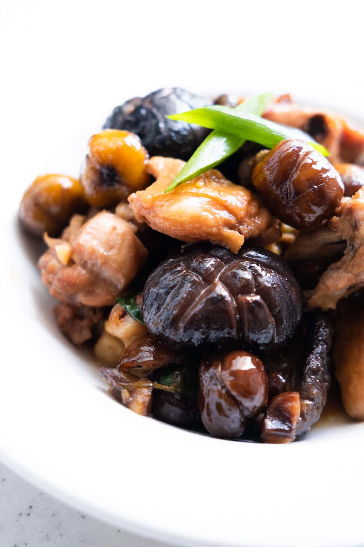 Close up shot of roasted chestnuts,  chicken, and juicy mushrooms with scallion on top. 