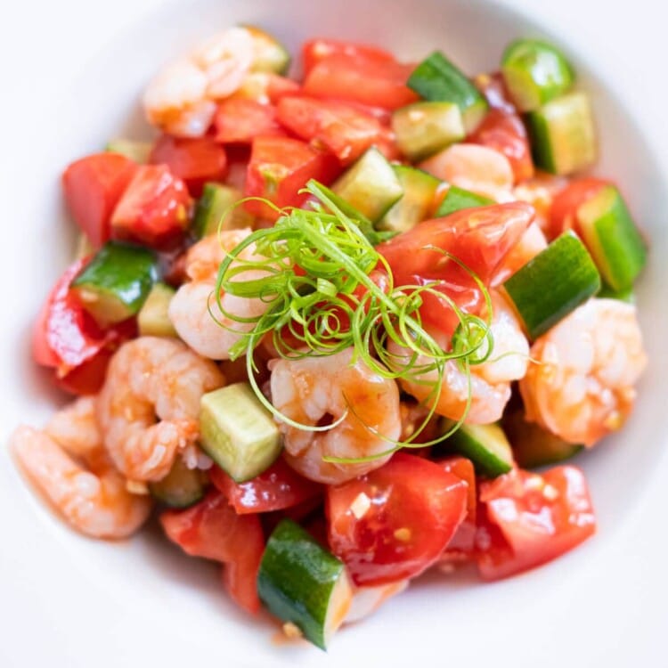 Tomato and shrimp salad with fresh cucumbers.