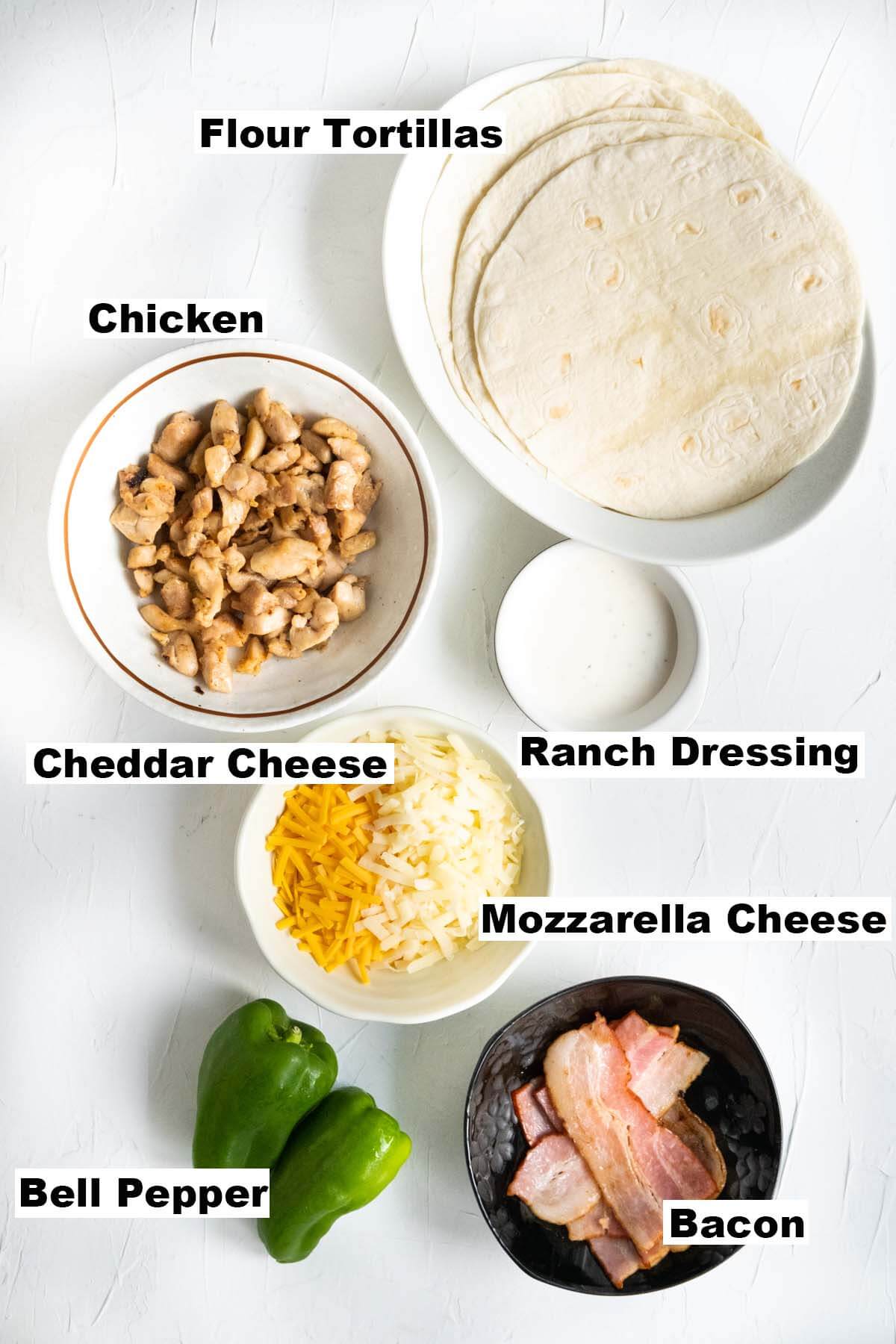 Chicken and bacon quesadilla ingredients.