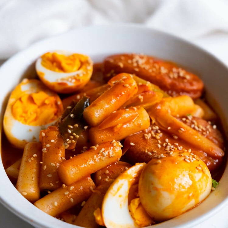 Spicy Korean rice cake, aka tteokbokki served alone with hard boiled eggs and fish cakes.