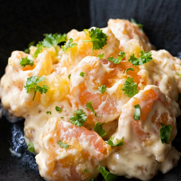Mustard mayo shrimp recipe with crispy shrimp and creamy sauce.