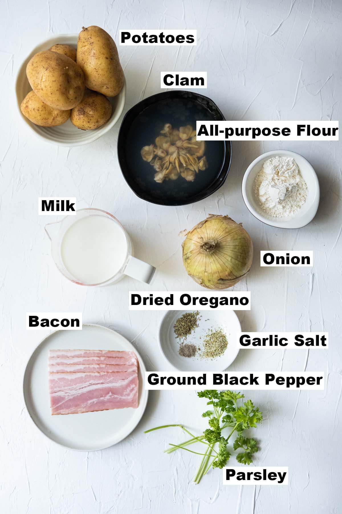 Ingredients for potato clam chowder recipe. 