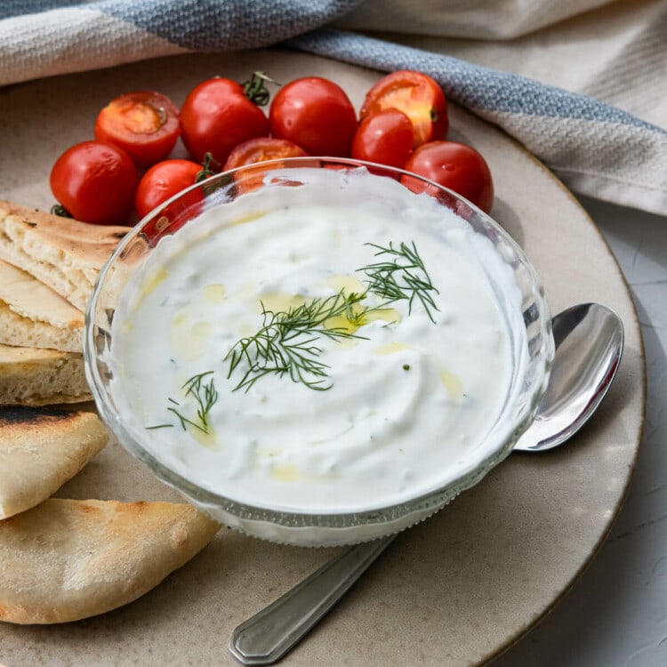 Classic tzatziki sauce served with cherry tomatoes and pita bread.