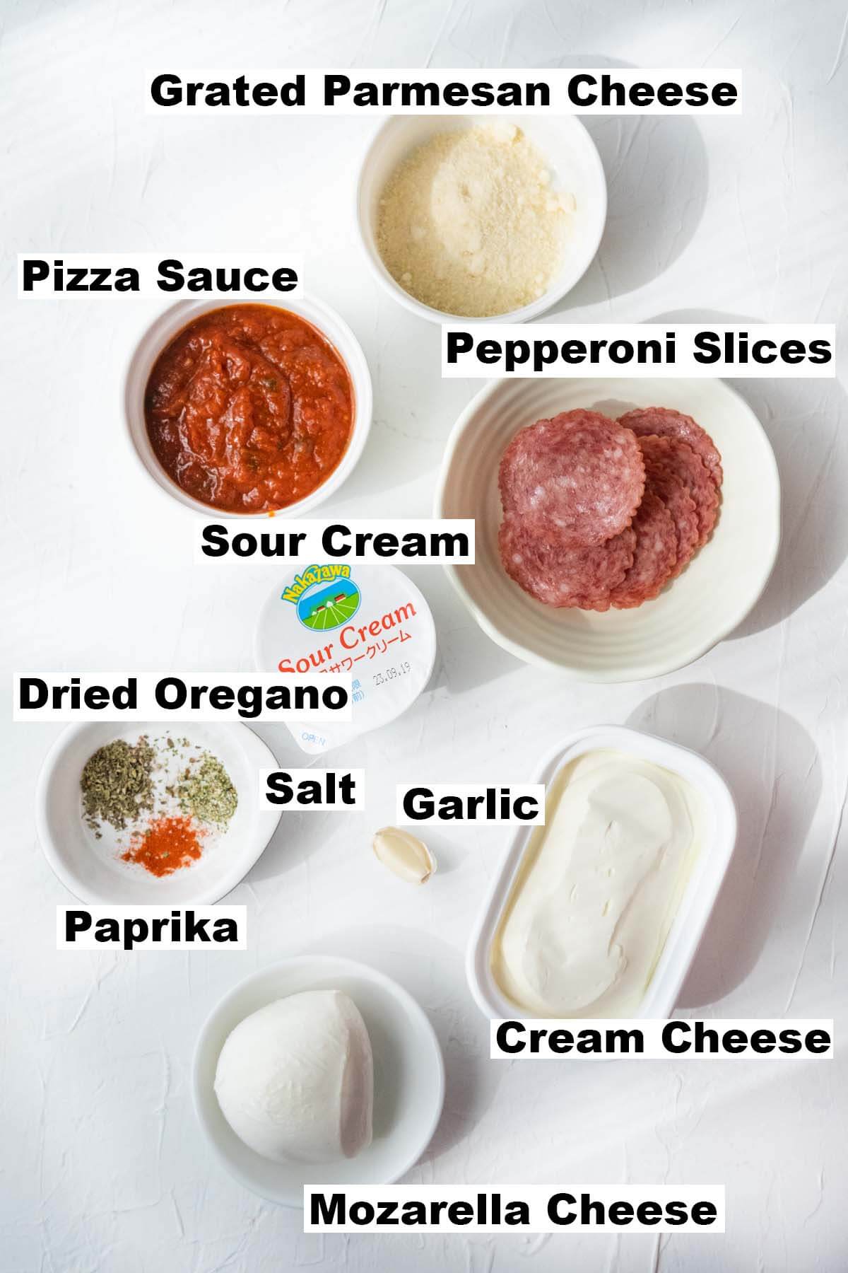 Ingredients for pizza dip recipe. 