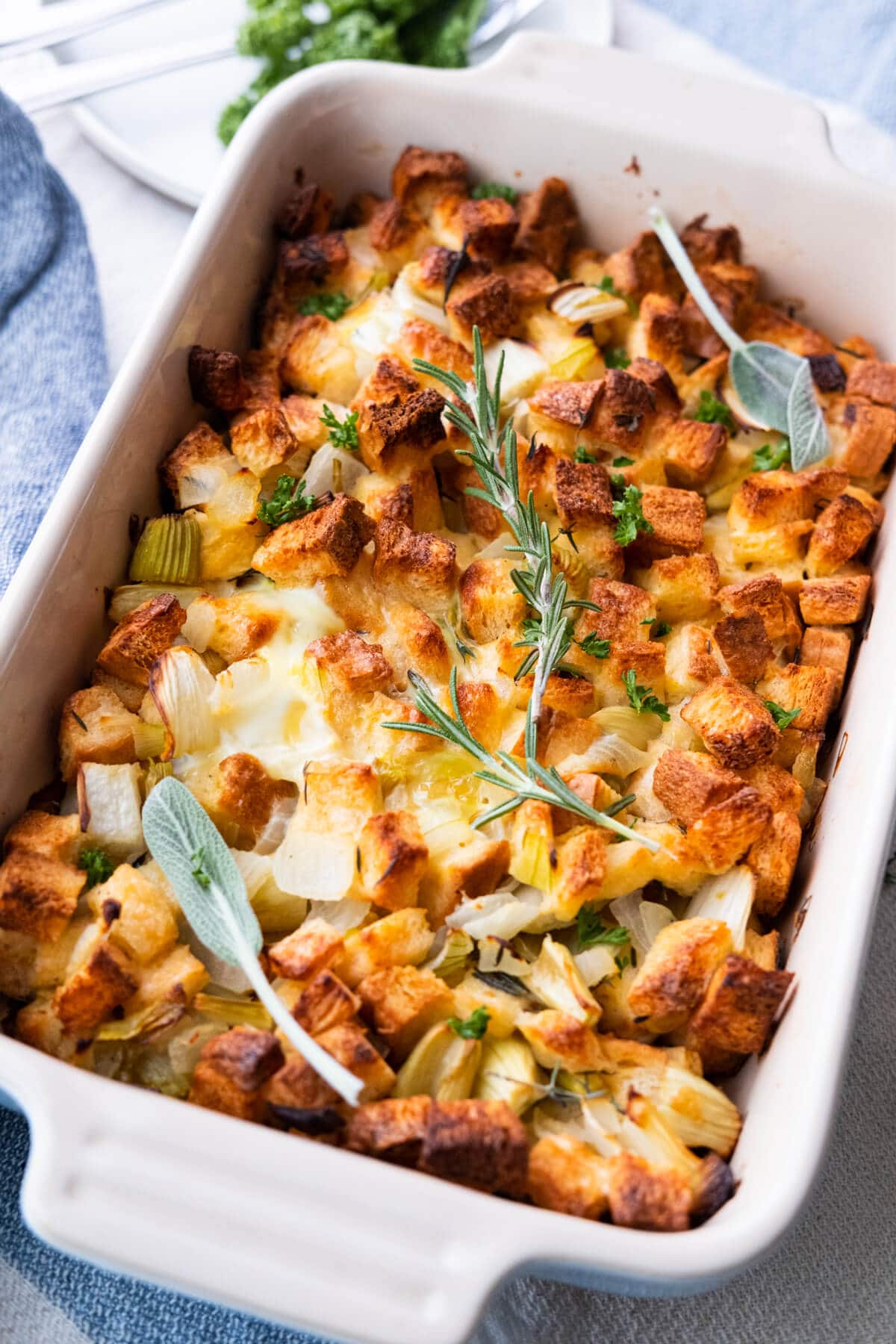 Best stuffing recipe is served in a rectangular baking dish. 
