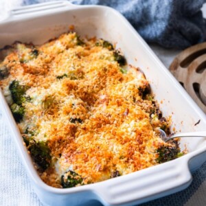 Easy broccoli gratin in a baking dish.