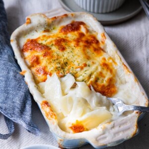 Easy potato gratin covered with melting cheese.