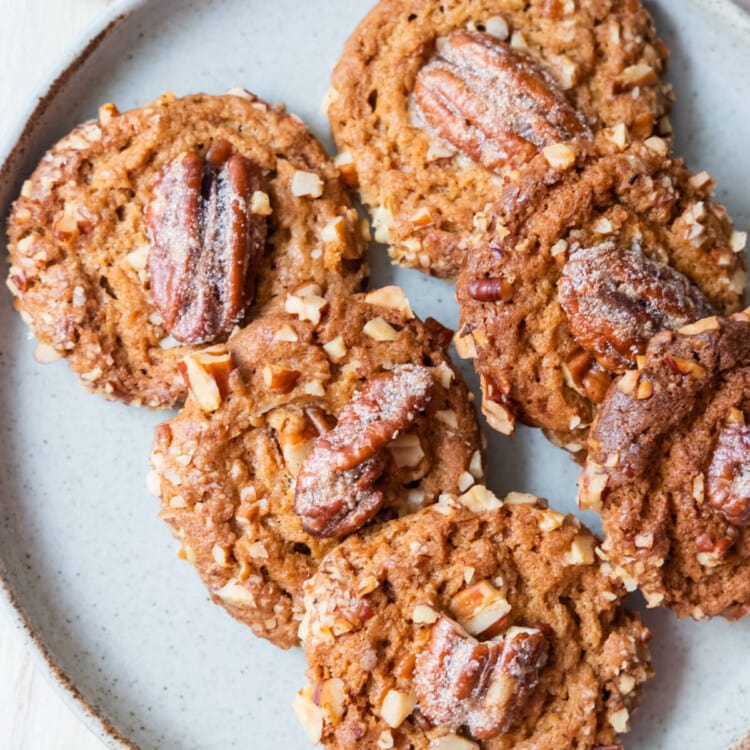 Butter pecan cookies loaded with chopped pecans and topped with pecan halves.