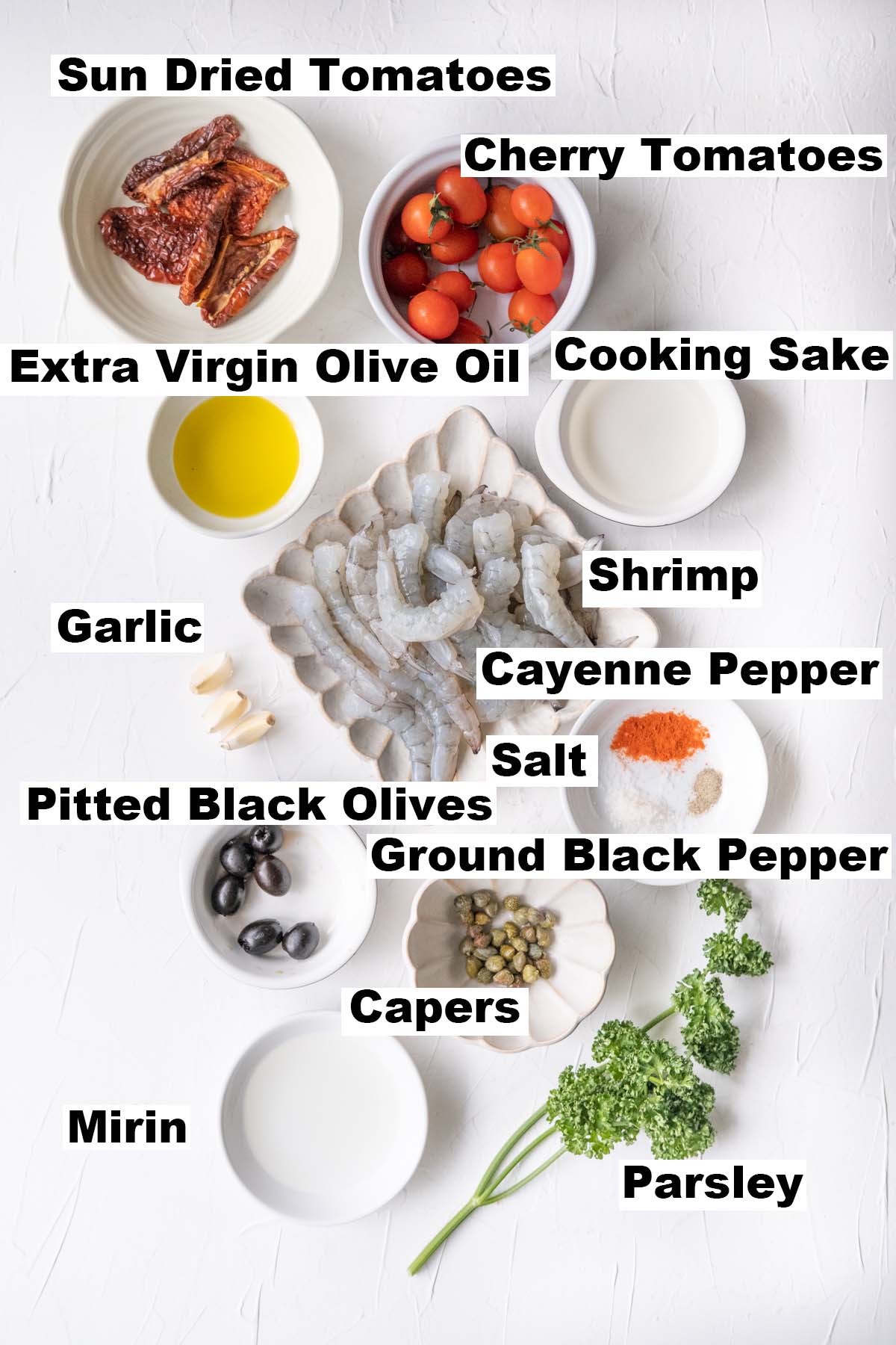 Picture of ingredients for mediterranean olive and shrimp recipe.